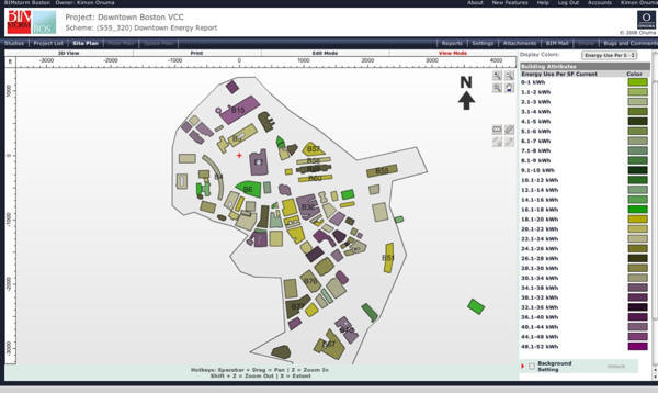 Existing buildings in Boston shown with BIMSense data turned on to simulate current energy use