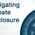 A navy compass on a grey background with the text "Navigating Climate Disclosure"