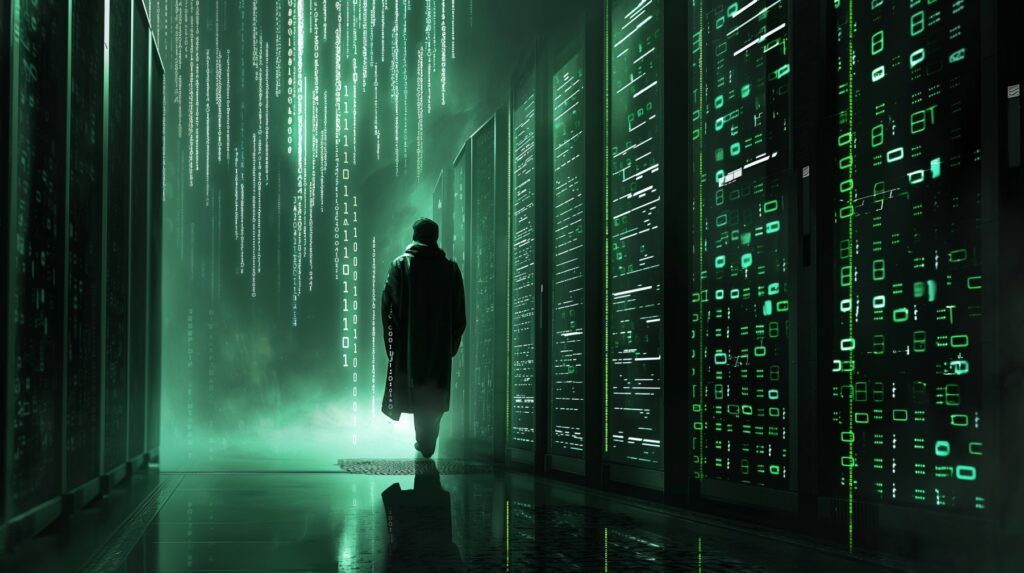 A figure in a trench coat and hat walking in a dark, digital space