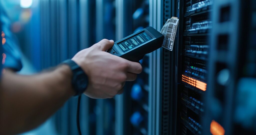 Person using a handheld device to scan a barcode on a server in a data center.