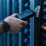 Person using a handheld device to scan a barcode on a server in a data center.