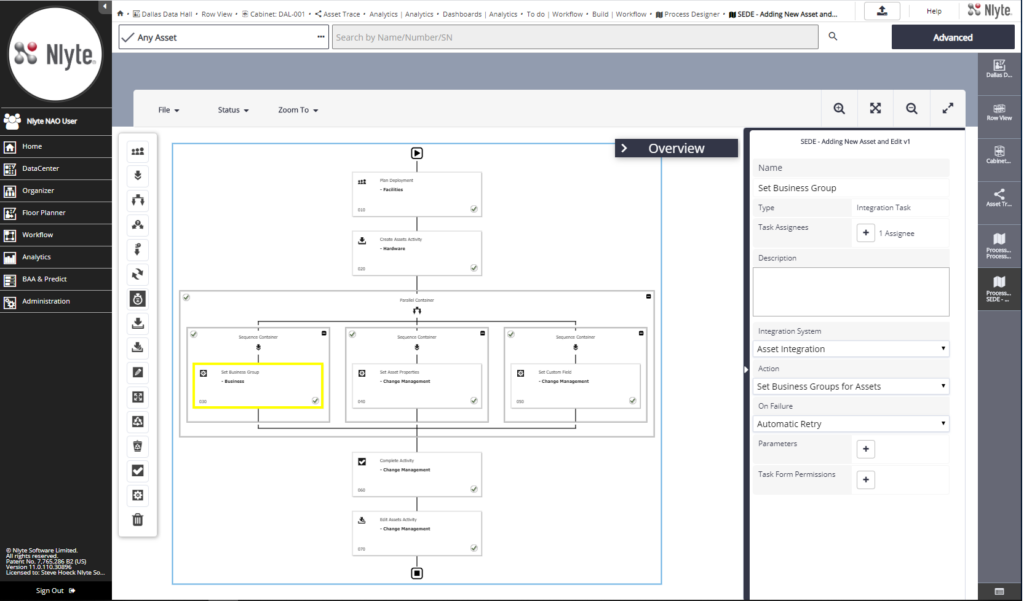 Screenshot of a Nlyte software worflow interface displaying asset management modules and various settings, with an asset information panel highlighted on the right.