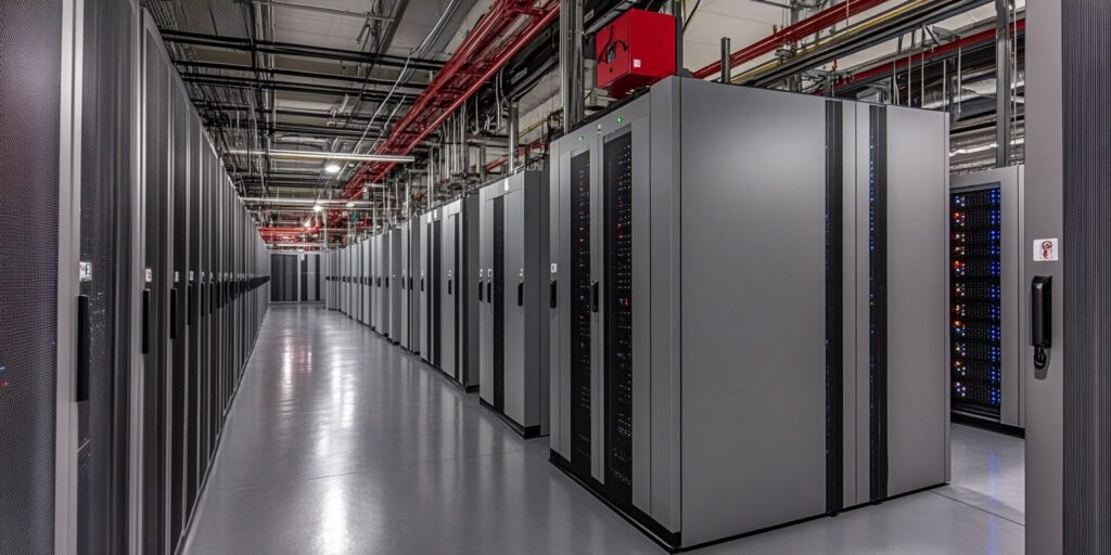 High Density data center hallway filled with servers.