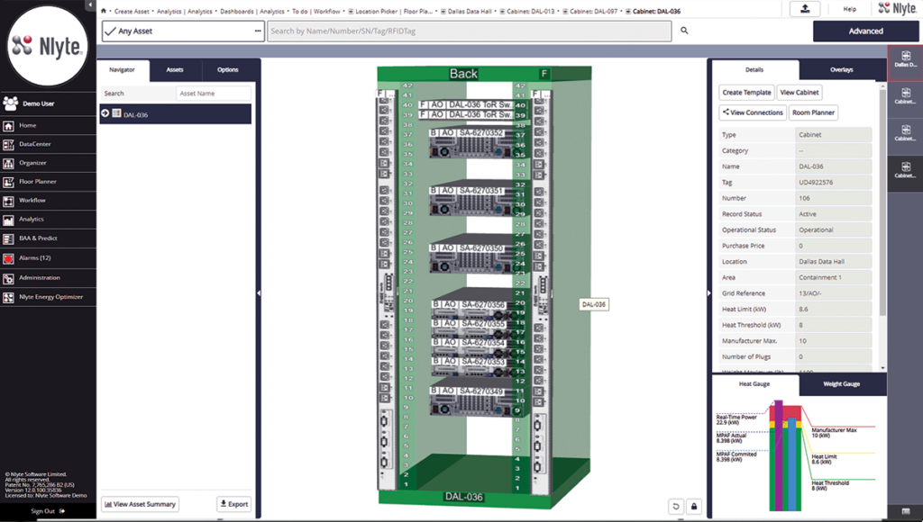 Nlyte Software 3D Row View: Optimize Cabinet Layouts with Precision - Enhanced Understanding: A 3D perspective improves your grasp of the data center layout.
Improved Planning: Model dispersed cabinets together for better planning.
View Manipulation: Gain benefits from manipulating cabinet views and perspectives.
RU Space Optimization: Use 3D Row View to optimize RU space for current and future needs.
Drag-and-Drop Management: Enjoy advantages of drag-and-drop asset management within and across cabinets.

