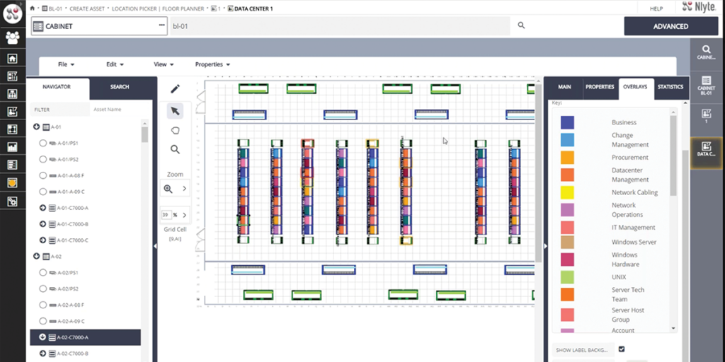 Nlyte Software Floor planner for data centers - Overlays: Enhance Asset Placement & Management - Real-Time Visualization: Overlays help visualize power, cooling, and space availability in real-time.
Asset Placement: They provide benefits for planning the placement of new assets.
Network Planning: Overlays assist with network and connectivity planning.
Decision-Making: They support better decision-making for asset movement and reorganization.