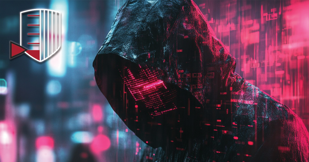 A person in a hooded cloak with a digital, glitchy effect against a backdrop of neon-lit, blurred data streams. The image conveys a cyberpunk or high-tech theme.