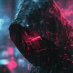 A person in a hooded cloak with a digital, glitchy effect against a backdrop of neon-lit, blurred data streams. The image conveys a cyberpunk or high-tech theme.